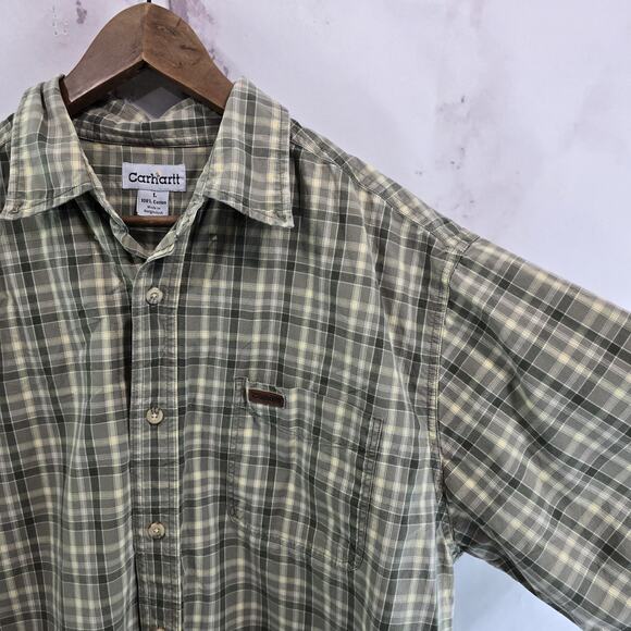 Carhartt Shirt Mens Large Short Sleeve Button Up Plaid Green Collared - Picture 12 of 13
